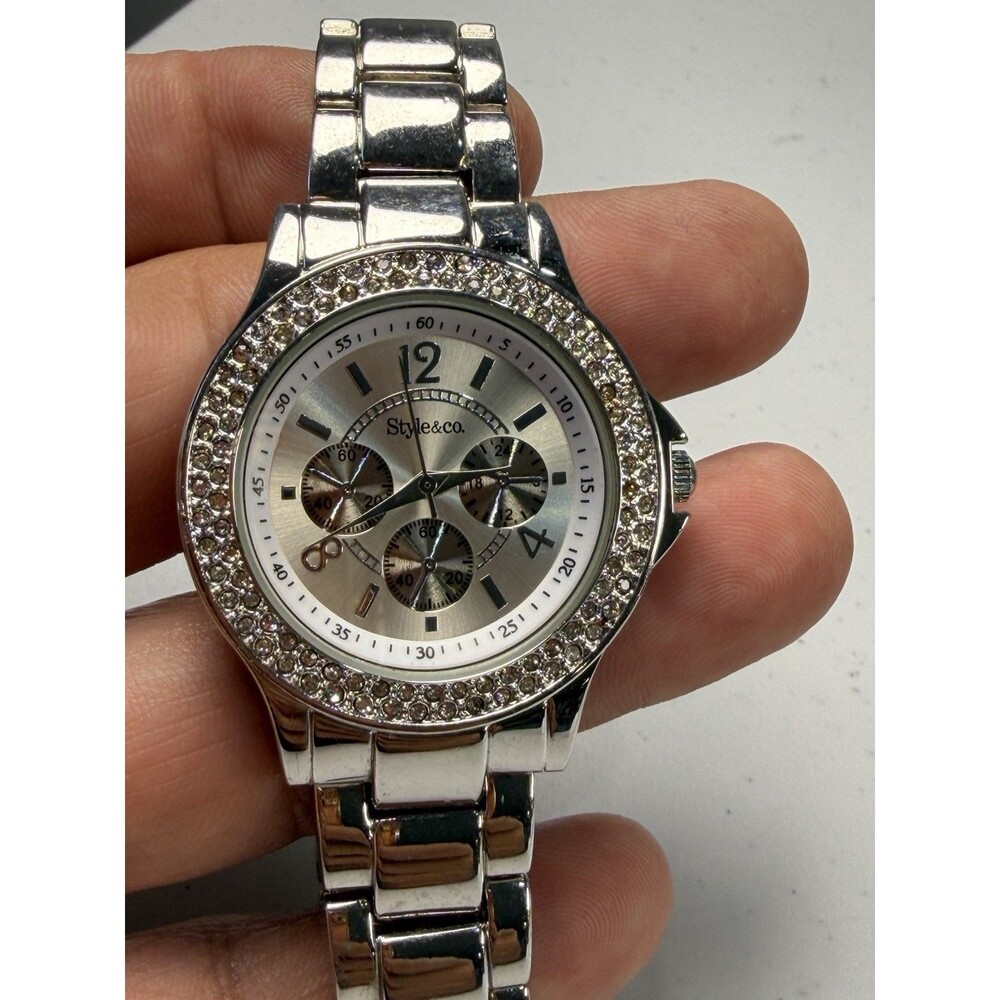 Style&co. Women’s Silver Tone Rhinestone Quartz Watch 35.5mm